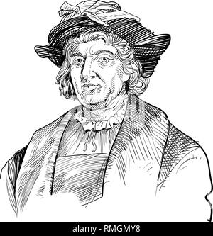 Christopher Columbus Portrait im Einklang Art Illustration. Er war ein italienischer Explorer, Kolonisator, Navigator und der Entdecker des amerikanischen Kontinents. Stock Vektor