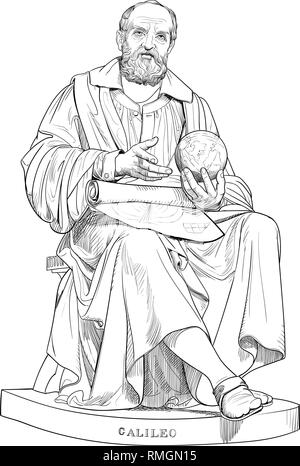 Galileo Galilei Portrait im Einklang Art Illustration. Er war ein italienischer Wissenschaftler, Philosoph, Astronom, Physiker und Ingenieur. Stock Vektor