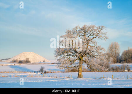 Frosted Eiche vor Silbury Hill im Winter Schnee bei Sonnenaufgang. Avebury, Wiltshire, England Stockfoto