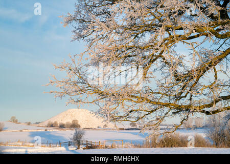 Frosted Eiche vor Silbury Hill im Winter Schnee bei Sonnenaufgang. Avebury, Wiltshire, England Stockfoto