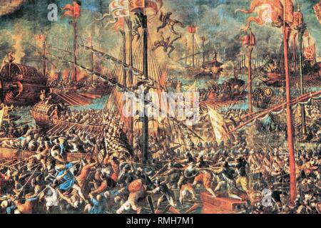 Darstellung der Schlacht von Lepanto. Die Flotte von Spanien, Venedig und der Papst völlig besiegt die türkische Flotte in einem Crash am 7. Oktober 1571, unter der Führung von Don Juan d'Austria im Golf von Lepanto der griechischen Küste. Stockfoto