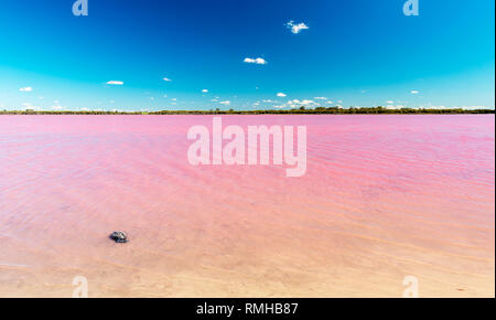 Pink Lake in der Nähe von Asien, Victoria in Australien unter strahlend blauem Himmel Stockfoto