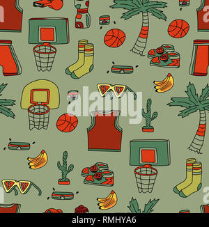 Handzeichnung schuh Palm Tree Basketball Backboard ball Tropische Artikel weißer Hintergrund Stockfoto