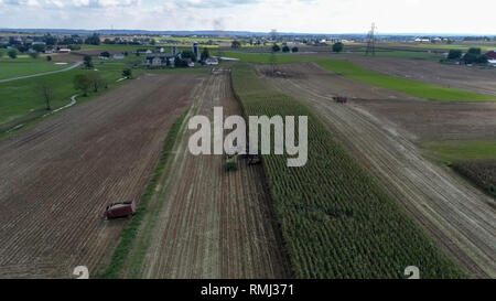 Luftaufnahme von Amish Farmers ernten Ihre Ernten an einem Herbsttag mit Teams von Pferden, wie gesehen, die von einer Drohne Stockfoto