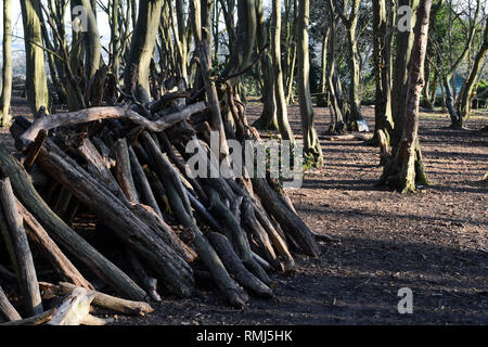 Dens oder Unterstände aus Protokollen und Stöcke im Wald gemacht Stockfoto