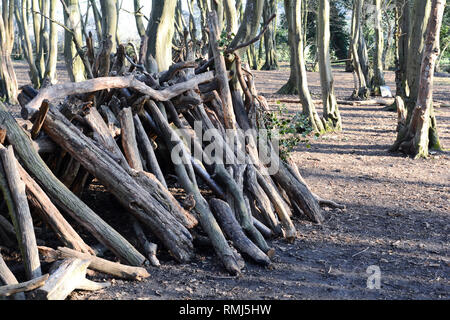 Dens oder Unterstände aus Protokollen und Stöcke im Wald gemacht Stockfoto