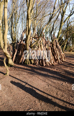 Dens oder Unterstände aus Protokollen und Stöcke im Wald gemacht Stockfoto