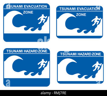 Tsunami Warnung Anzeichen zeigen, Evakuierung und Gefahrenstellen Stockfoto