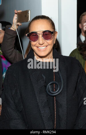 In den Vereinigten Staaten. 13 Feb, 2019. New York, NY-Febbruary 13, 2019: Donna Karan besucht Mode für Frieden Vortrag von Sadhguru Jaggi Vasudev in der Herbst-/Fashion Week Winter zu Frühling Studios Credit: Lev Radin/Pacific Press/Alamy leben Nachrichten Stockfoto