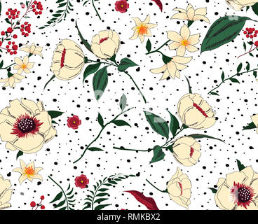 Trendigen floralen Muster in den vielen Arten von Blumen. Tropischen botanischen Motive verstreut zufällig. Die nahtlose Vektor Textur Stockfoto