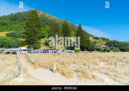 MOUNT MAUNGANUI NEUSEELAND - 8. FEBRUAR 2019: Früher Beginn der Tag Wanderer, auf dem Berg Promenade vor der Montage Lager und unter Hausberg, Stockfoto