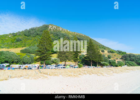 MOUNT MAUNGANUI NEUSEELAND - 8. FEBRUAR 2019: Früher Beginn der Tag Wanderer, auf dem Berg Promenade vor der Montage Lager und unter Hausberg, Stockfoto