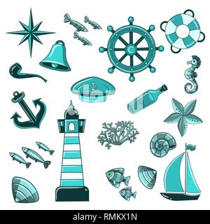 Nahtlose Muster mit Muscheln, Korallen und Seesterne. Marine Hintergrund. Stock Vektor