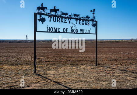 Die Türkei, Texas, Vereinigte Staaten von Amerika - 1. Januar 2017. Türkei, Texas Willkommen Zeichen entlang der Straße, die durch die Türkei, TX. Stockfoto