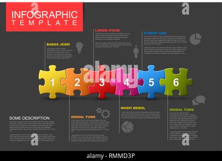 Vektor puzzle Infografik Berichtvorlage aus bunten Jigsaw Pieces, Symbole und Beschreibung Text - dunkle Version vorgenommen. Stock Vektor