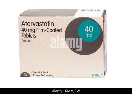 Ein Paket von Atorvastatin Tabletten, ein statin Medikament, das zur Behandlung von Herz-Kreislauf-Erkrankungen zu verhindern und abnorme Blutfettwerte behandeln. Stockfoto