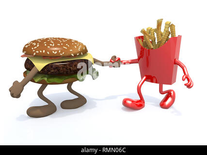 Burger und Pommes frites Kartoffeln mit Armen und Beinen, Hand in Hand, 3D-Darstellung Stockfoto