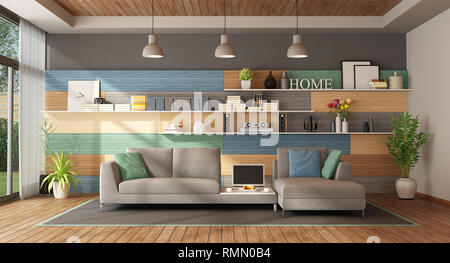 Farbenfrohe Wohnzimmer einer modernen Villa mit Stoff Sofa und Holztäfelung an Hintergrund - 3D-Rendering Stockfoto