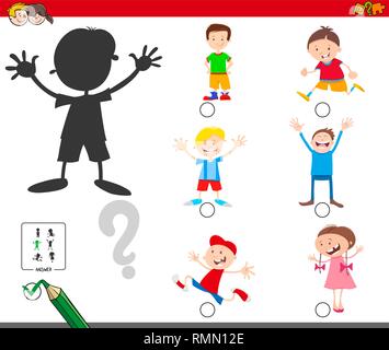 Cartoon Illustration auf das Finden der richtigen Schatten Lernspiel für Kinder mit Kid Zeichen Stock Vektor