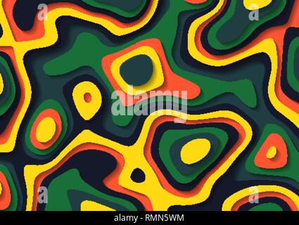 Abstrakte Liquid Paper cut Hintergrund. Mehrfarbige flüssige Lava Flecken. Geometrische Topographie Footprints Stock Vektor