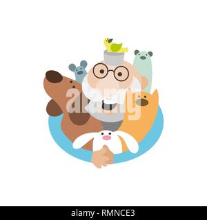 Logo der tierärztlichen Klinik. Tierärztin mit Haustieren, Katze, Hund, Maus, Vogel, Frettchen und Kaninchen. Vektor Bild auf weißem Hintergrund. Stock Vektor