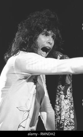 Sänger Steven Tyler von der Rockband Aerosmith ist dargestellt auf der Bühne während einer "live"-Konzert aussehen. Stockfoto