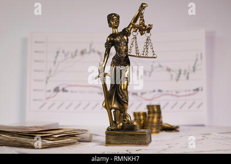 Statue von Themis auf Börse Chart. Nahaufnahme Stockfoto