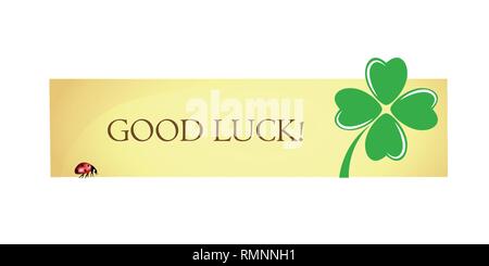 Viel Glück Label mit Vier Kleeblatt und Marienkäfer Vektor-illustration EPS 10. Stock Vektor