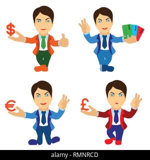 Satz von vier Männern hält Geld Symbole und Bankkarten, konzeptionelle cartoon Vektorgrafiken Stock Vektor