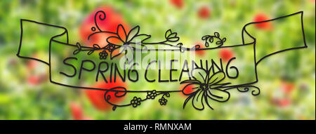 Englisch Kalligraphie Frühjahrsputz. Roter Mohn Blumenwiese. Sonnige Frühling Grußkarte Stockfoto