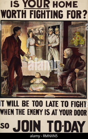 Weltkrieg 1 Rekrutierung Plakat in Dublin Irland übersicht deutsche Soldaten in einem irischen Haushalt gedruckt Stockfoto