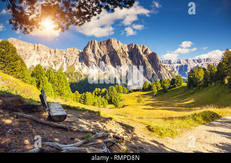 Tolle Aussicht auf den Pizes de Cir-ridge, Grödner Tal. Nationalpark der Dolomiten, Südtirol. Lage St. Ulrich, St. Christina und Wolkenstein, Italien, Eu Stockfoto