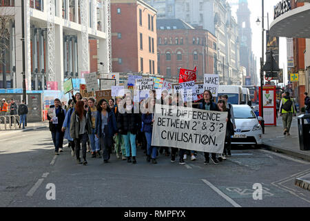 Manchester, Großbritannien. 15 Feb, 2019. Schüler und Studenten gehen Streik an einem Tag der nationalen Maßnahmen zu ergreifen, um die Probleme im Zusammenhang mit dem Klimawandel zu markieren. Rund 500 junge Menschen nahmen an einer Kundgebung in St. Peters Square, Manchester, UK, 15. Februar 2019 (C) Barbara Cook/Alamy Live News Credit: Barbara Koch/Alamy leben Nachrichten Stockfoto