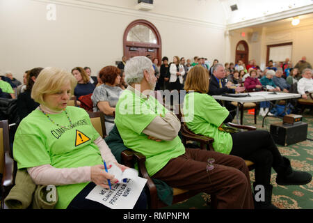 Mineola, New York, USA. 15 Feb, 2019. Aktivisten tragen neon grün Klima Notfall! T-Shirts sitzen in der ersten Reihe des Publikums während NYS Senat Öffentliche Anhörung über Klimawandel, Community and Protection Act, Bill S 7253, Sen. Kaminsky, Vorsitzender des Senats Ständigen Ausschusses für Umweltschutz gefördert. Diese 3. Öffentliche Anhörung zum Gesetzesentwurf zur Bekämpfung des Klimawandels wurde auf Long Island. Quelle: Ann Parry/ZUMA Draht/Alamy leben Nachrichten Stockfoto