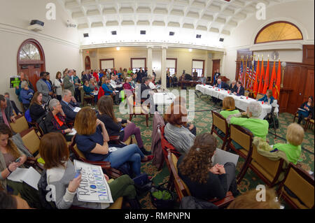 Mineola, New York, USA. 15 Feb, 2019. Eingeladener Redner Adressen (L-R, am Tisch) NYS Senator John Brooks, Abgeordnet Steve ENGLEBRIGHT, NYS SEN TODD KAMINSKY, und Abgeordnetes JUDY GRIFFIN, während NYS Senat Öffentliche Anhörung über Klimawandel, Community and Protection Act, Bill S 7253, Sen. Kaminsky, Vorsitzender des Senats Ständigen Ausschusses für Umweltschutz gefördert. Diese 3. Öffentliche Anhörung zum Gesetzesentwurf zur Bekämpfung des Klimawandels wurde auf Long Island. Quelle: Ann Parry/ZUMA Draht/Alamy leben Nachrichten Stockfoto