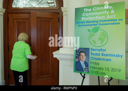 Mineola, New York, USA. 15 Feb, 2019. Aktivist tragen neon grün Klima Not-shirt wieder in Saal während NYS Senat Öffentliche Anhörung über Klimawandel, Community and Protection Act, Bill S 7253, neben Eingang Info über den Gesetzentwurf von Sen Todd Kaminsky, Vorsitzender des Senats Ständigen Ausschusses für Umweltschutz gefördert. Diese 3. Öffentliche Anhörung zum Gesetzesentwurf zur Bekämpfung des Klimawandels wurde auf Long Island. Quelle: Ann Parry/ZUMA Draht/Alamy leben Nachrichten Stockfoto