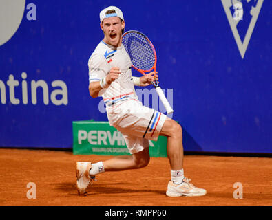 Buenos Aires, Argentinien. 15. Feb 2019. Lokale Liebling Diego Schwartzman (Argentinien) Vorschüsse für die Halbfinale der Argentinien öffnen, ein ATP 250 Tennis Turnier. Credit: Mariano Garcia/Alamy leben Nachrichten Stockfoto