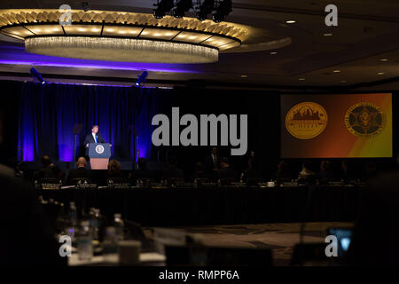 Präsident Donald J. Trumpf liefert Erläuterungen zu den wichtigen Grafschaft-polizeichef-und größere Städte Chiefs Association gemeinsame Konferenz Mittwoch, 13.02.2019, im JW Marriott Washington in Washington, D.C. Personen: Präsident Donald Trump Stockfoto