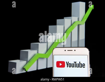 Hong Kong. 11 Feb, 2019. Amerikanische Videoportal Youtube Logo ist auf ein Android mobile Gerät mit einem Aufstieg Wachstumsdiagramm im Hintergrund zu sehen. Credit: Miguel Candela/SOPA Images/ZUMA Draht/Alamy leben Nachrichten Stockfoto