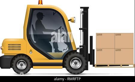 Realistische Gabelstapler mit Kartons auf weißem Hintergrund. Lagerarbeiter Fahren eines Gabelstaplers, Seitenansicht Stock Vektor