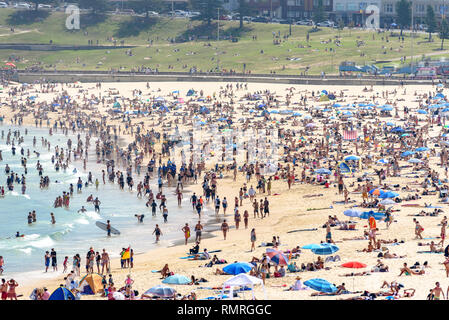 Ein überfüllter Strand Bondi Beach während einer Hitzewelle im Januar 2019 Stockfoto