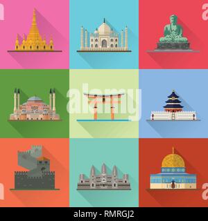 Asiatische Wahrzeichen flache Bauweise lange Schatten Vector Illustration. Travel Concept. Stock Vektor