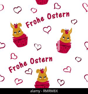 Nahtlose Muster mit Osterhase in Cupcake mit Kirsche. Text, Frohe Ostern, in deutscher Sprache. Kawaii Stil, eps 10. Stock Vektor