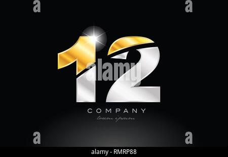 Nummer 12 logo Icon Design mit gold silber grau Metall auf schwarzem Hintergrund geeignet für ein Unternehmen oder ein Geschäft Stock Vektor
