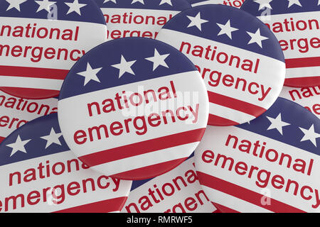 USA Politik Nachrichten Abzeichen: Stapel des nationalen Notstands Tasten mit US-Flagge, 3D-Darstellung Stockfoto