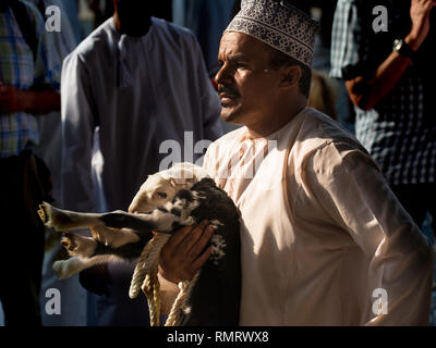 Nizwa, Oman - November 2, 2018: Omani Mann hält eine Ziege im Nizwa Tiermarkt Stockfoto