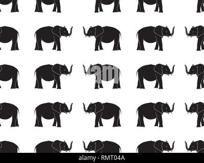 Nahtlose Muster mit Hand gezeichnet Elefant Silhouetten Vector Illustration. Schwarz auf weißem Hintergrund. Stock Vektor