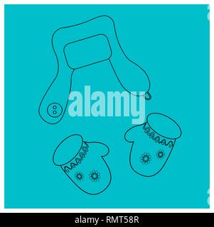 Schwarzen umrissen Objekte, Hut und Handschuhe. Elemente der Winterkleidung. Zubehör Tracht. Malbuch Stock Vektor