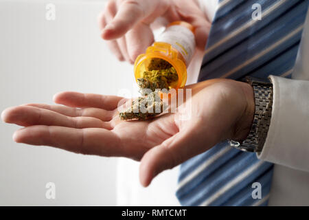 Apotheker Gießen von medizinischem Marihuana Cannabis Knospen aus einer Verschreibung Flasche in seiner Hand. Stockfoto