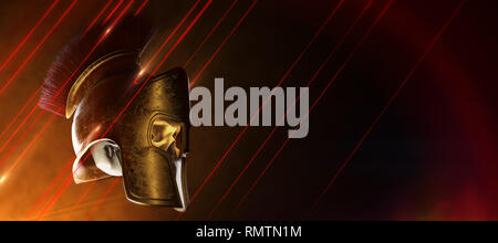 Hochwertige Spartan Helmen mit Totenkopf, griechisch-römischen Krieger Gladiator, Legionär heldenhaften Soldaten, Sport fan epischen Hintergrund, 3D-Rendering Stockfoto